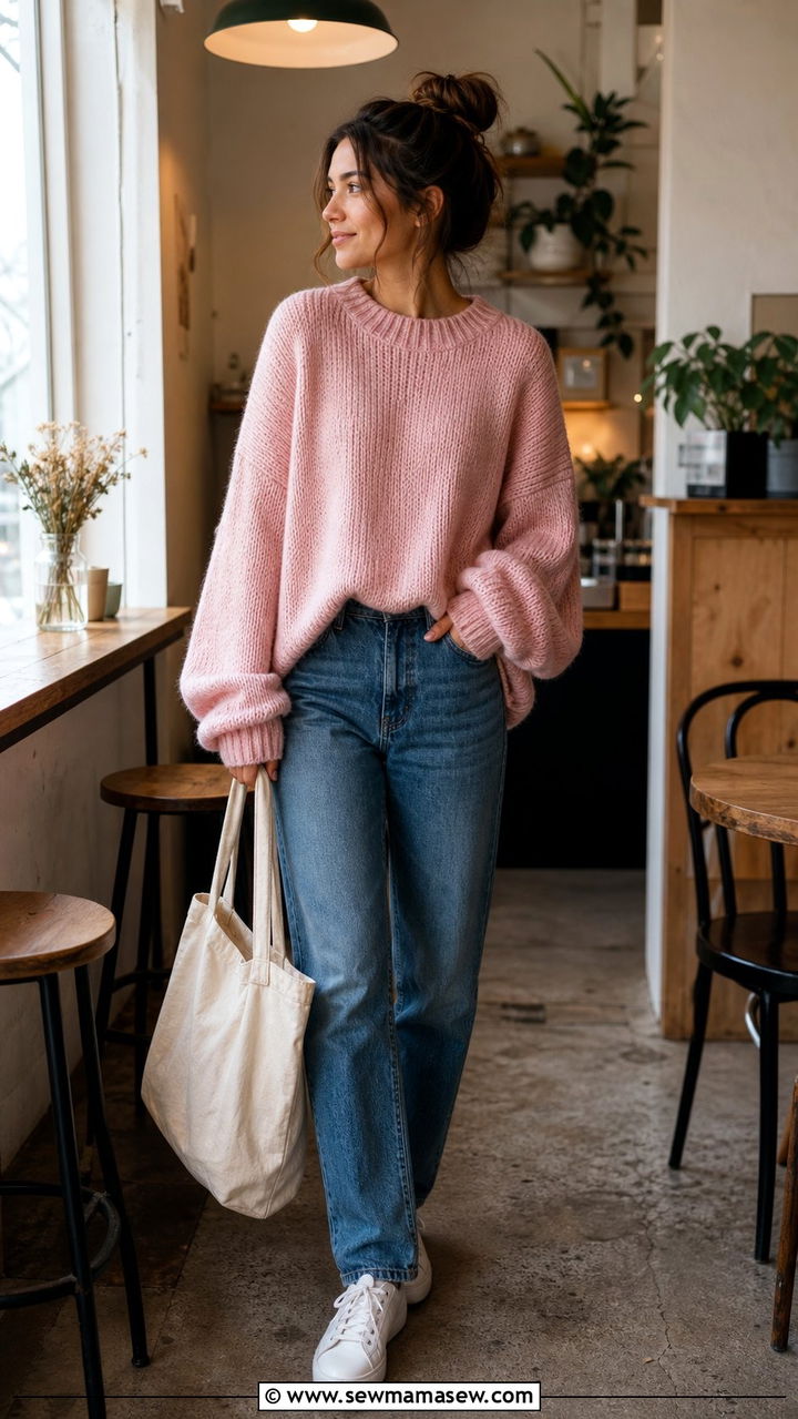Oversized Pink Sweater with Denim Outfit - 25 Spring fashion ideas