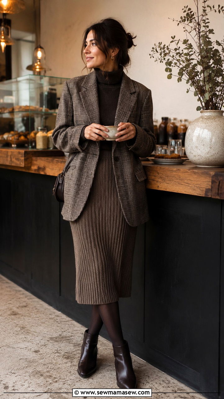 Oversized Plaid Blazer with Knit Midi Skirt Outfit - 30 Oversized blazer outfit ideas with a skirt