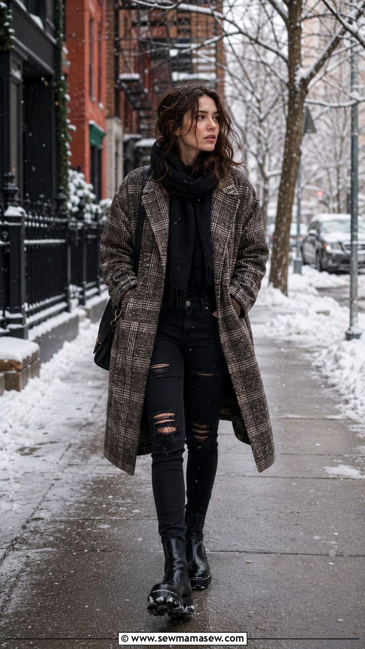 Oversized Plaid Coat and Skinny Jeans Grunge Outfit - 20 grunge capsule wardrobe outfits