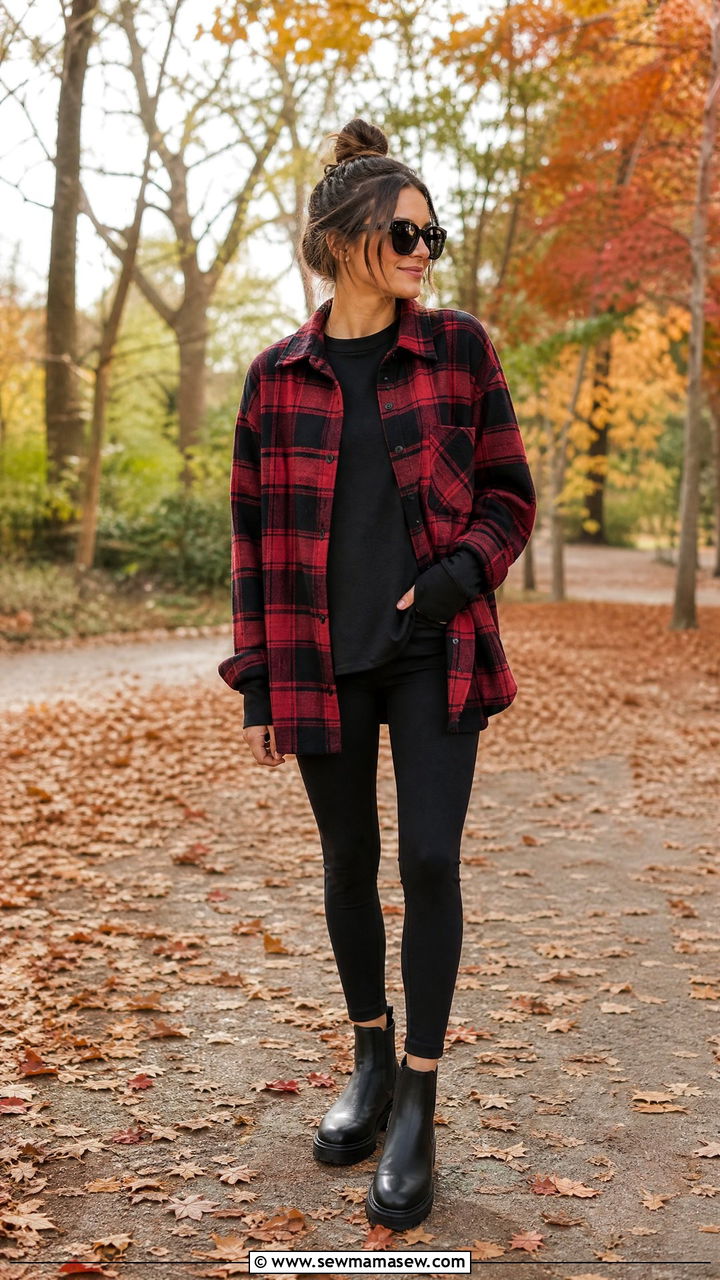Oversized Plaid Flannel Shirt With Black Leggings - 30 Modest outfit ideas with oversized shirt