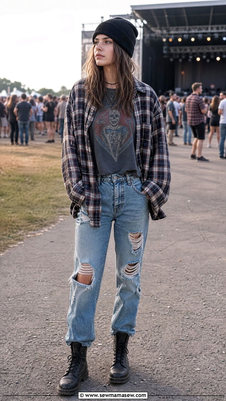 Oversized Plaid Flannel With Ripped Jeans and Combat Boots - 30 summer 90s outfits