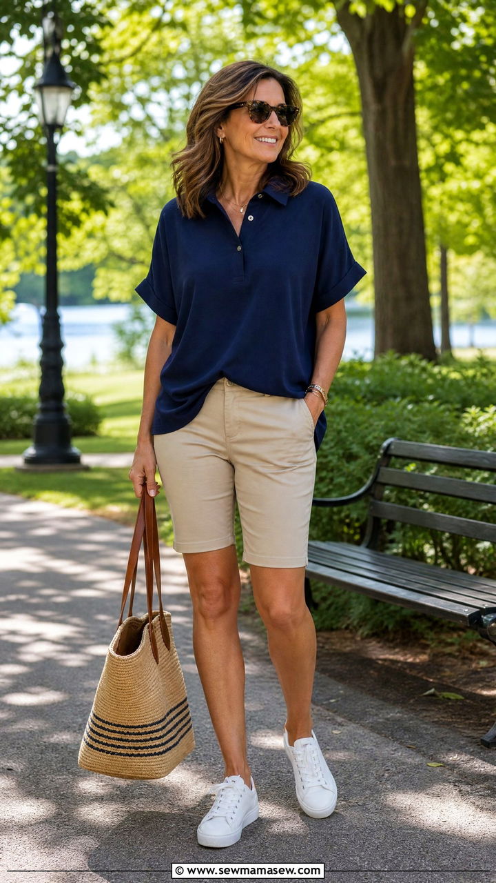 Oversized Polo With Slim Bermuda Shorts - 35 Middle aged woman outfit ideas