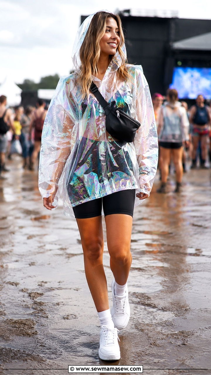 Oversized Poncho With Bike Shorts and Sneakers - 25 Rainy festival outfit ideas