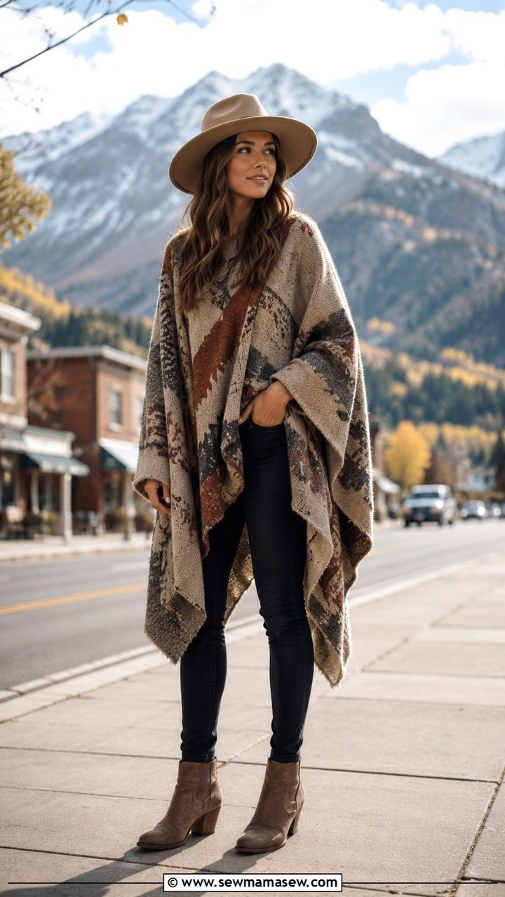Oversized Poncho With Dark Jeans And Suede Ankle Boots - 30 transitional western outfit ideas