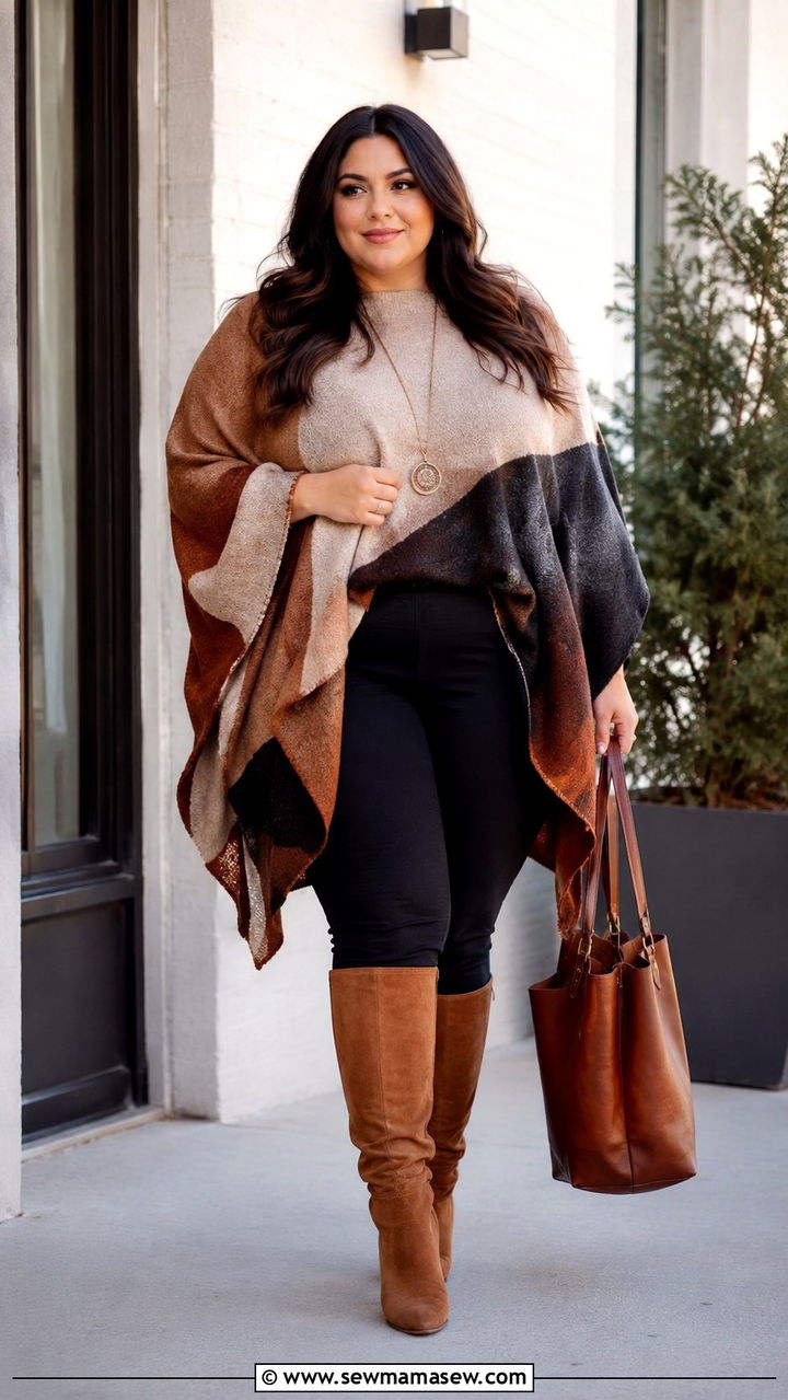 Oversized Poncho With Leggings And Tall Boots - 25 Plus size outfit ideas boho