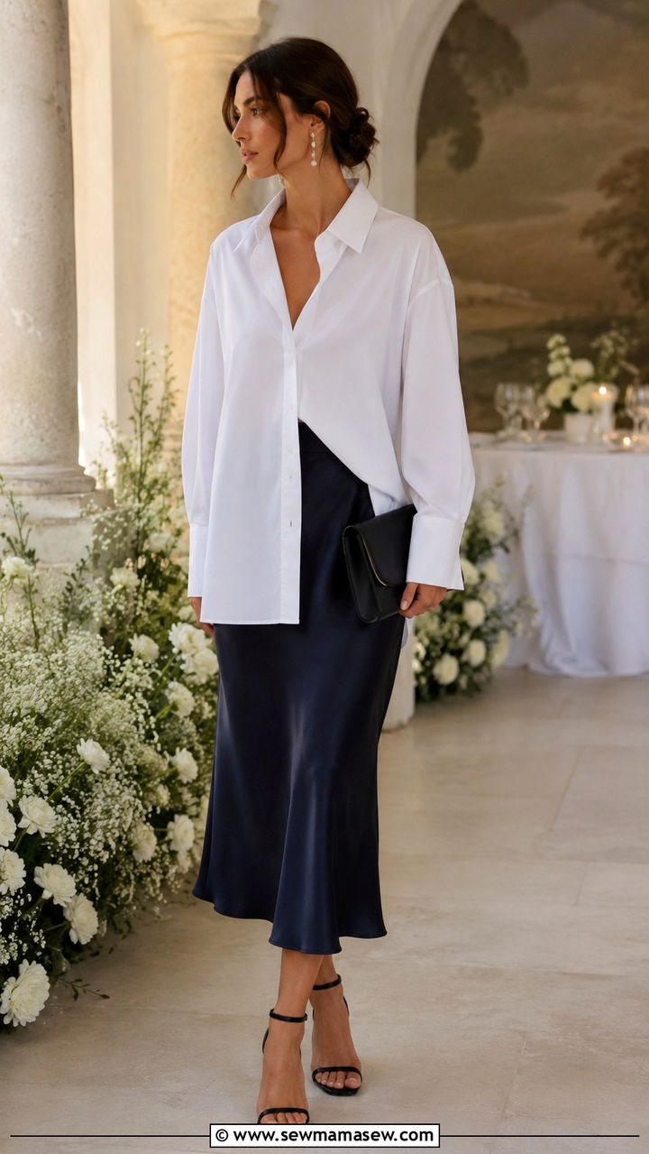 Oversized Poplin Shirt With Satin Midi Skirt - 30 Modest outfit ideas with oversized shirt