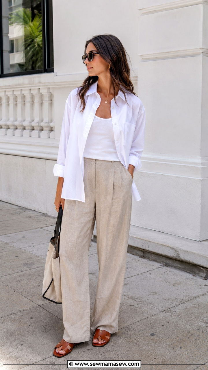 Oversized Poplin Shirt with Relaxed Linen Trousers and Leather Slides - 30 Chill summer outfit ideas
