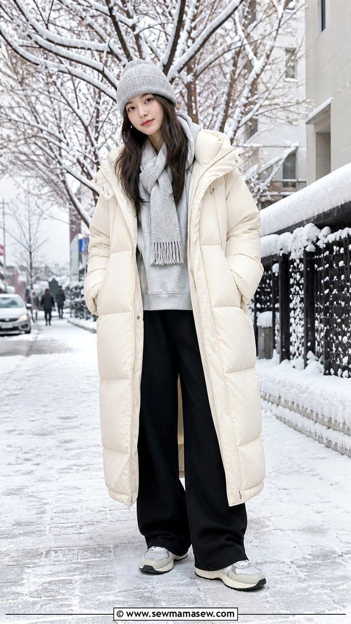 Oversized Puffer Coat With a Hoodie and Wide Leg Pants - 40 Korean outfit ideas