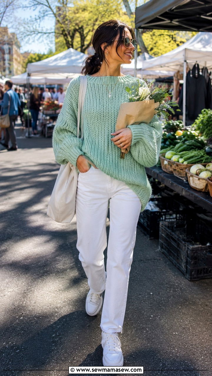 Oversized Pullover With White Jeans - 30 transitional cute outfit ideas