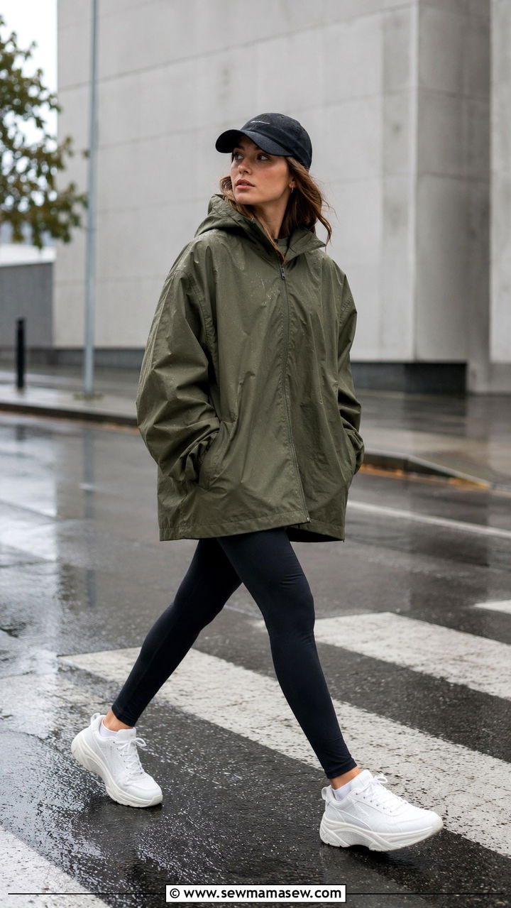 Oversized Rain Jacket With Leggings and Sneakers - 30 rainy day outfits casual