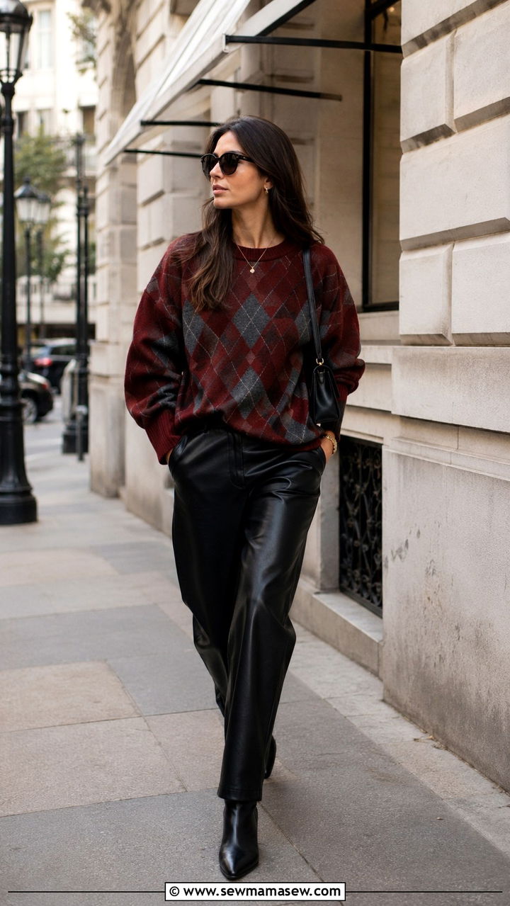 Oversized Red Argyle Sweater with Leather Pants - 25 Old money outfit ideas with argyle sweater
