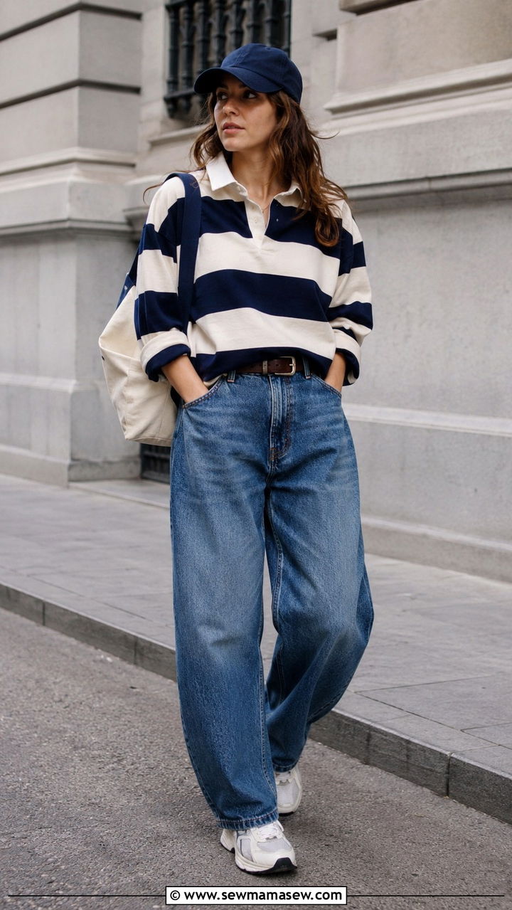 Oversized Rugby Shirt With Barrel Leg Jeans - 25 Trendy summer outfit ideas 2026