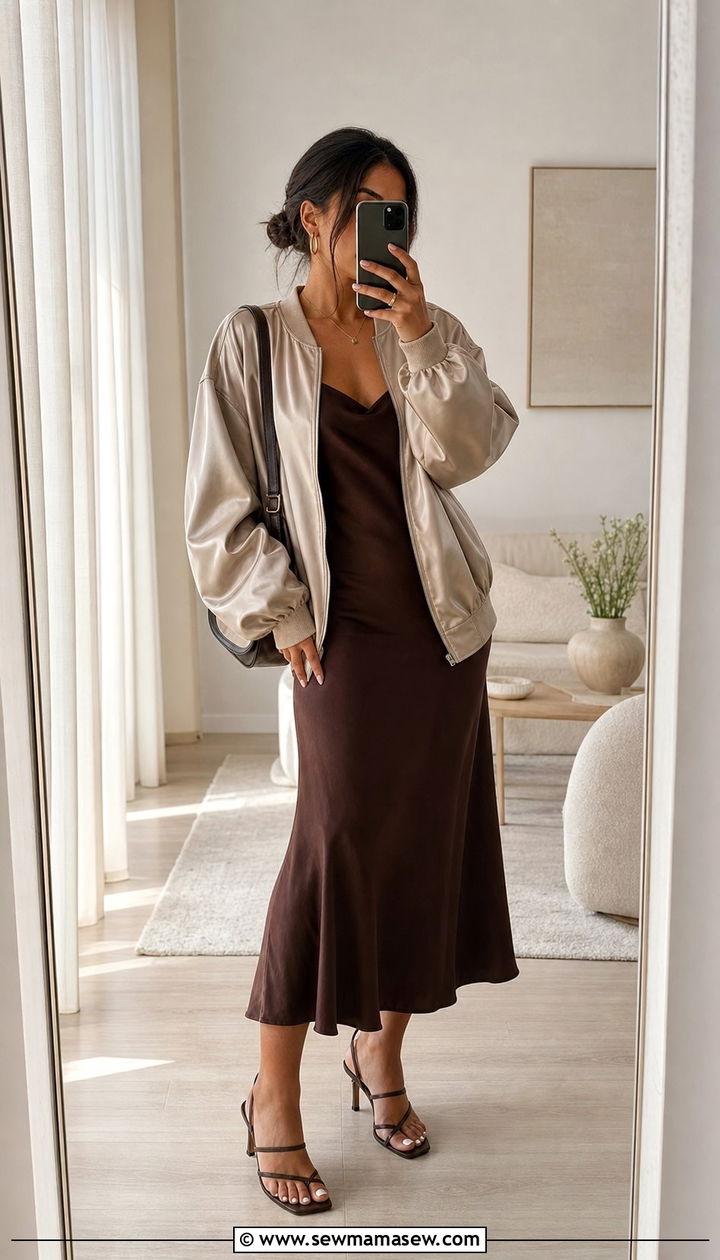 Oversized Satin Bomber Jacket Over A Slip Dress - 25 Summer outfits with bomber jackets