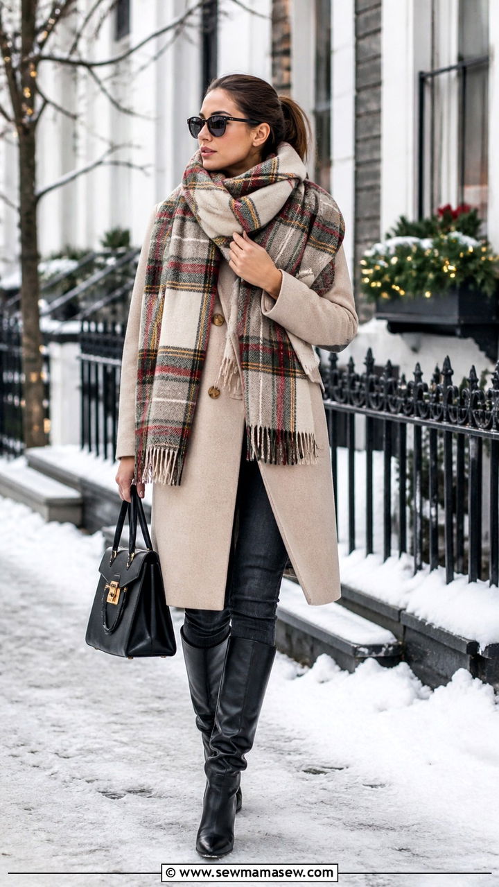 Oversized Scarf With Wool Coat and Skinny Jeans - 40 French girl outfits ideas