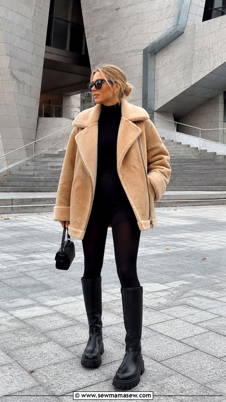 Oversized Shearling Jacket with Biker Shorts and Tights - 40 Shearling jacket outfit ideas