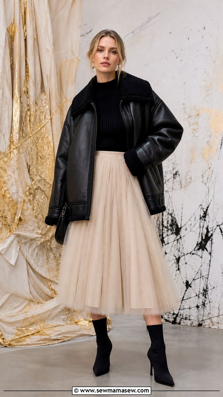 Oversized Shearling Jacket with Tulle Skirt - 40 Shearling jacket outfit ideas
