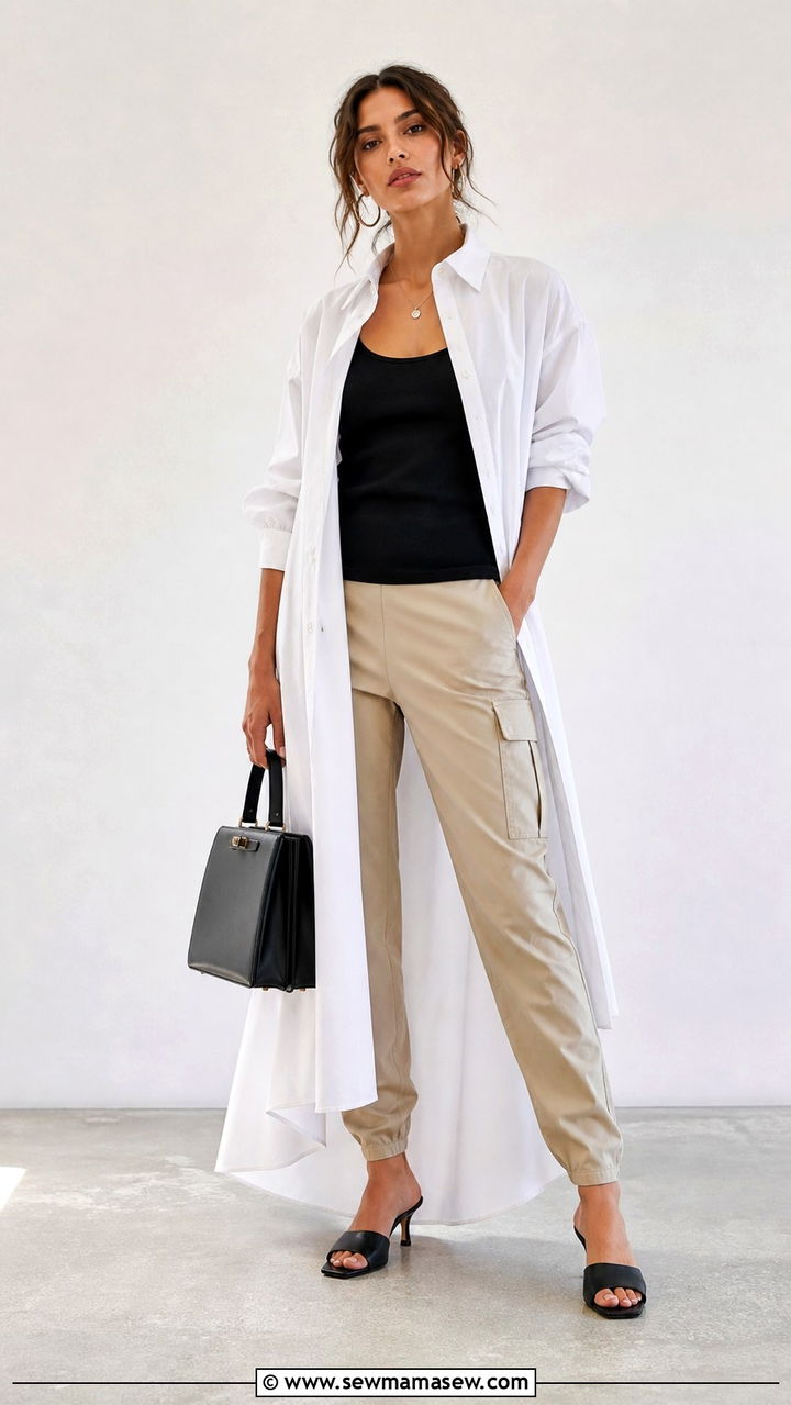 Oversized Shirt Dress Over Cargo Pants and Tank Outfit - 40 cargo pants outfit ideas for women