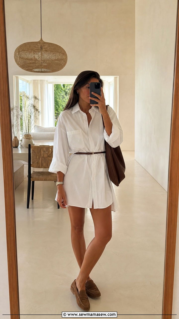 Oversized Shirt Dress with Driving Loafers - 25 Old money outfit ideas with driving loafers