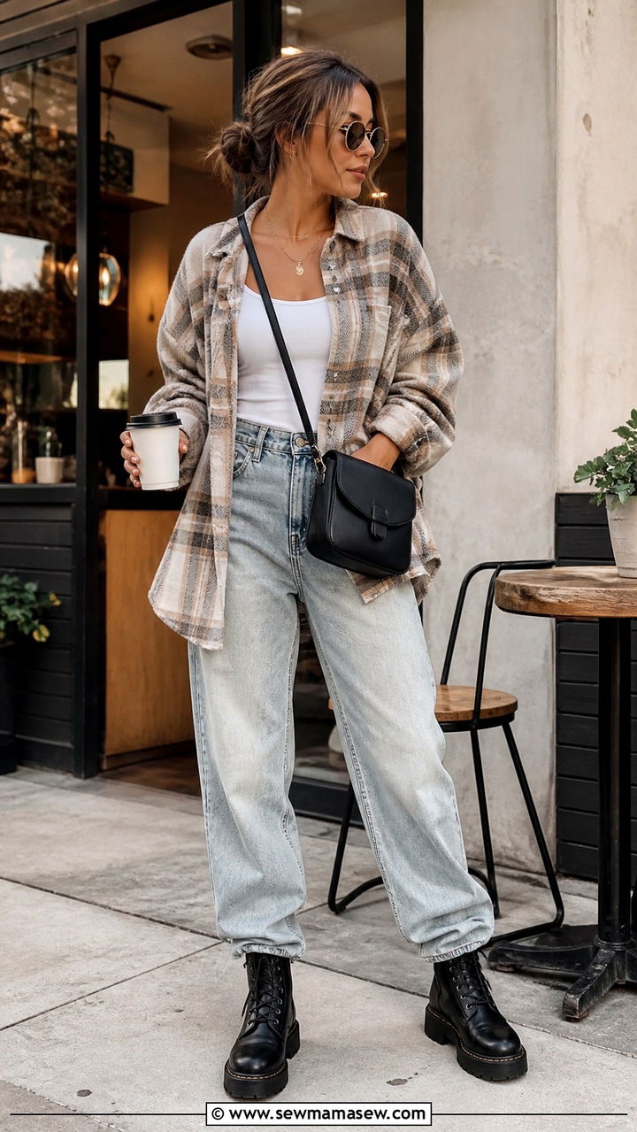 Oversized Shirt Jacket with Faded Baggy Jeans and Lug Sole Boots - 40 jeans outfit ideas for women