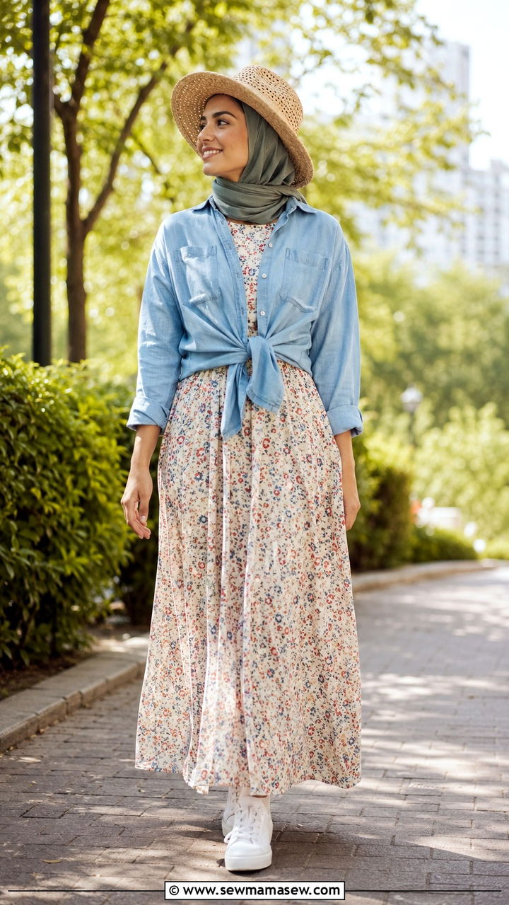 Oversized Shirt Knotted Over A Maxi Dress - 30 Modest outfit ideas with oversized shirt