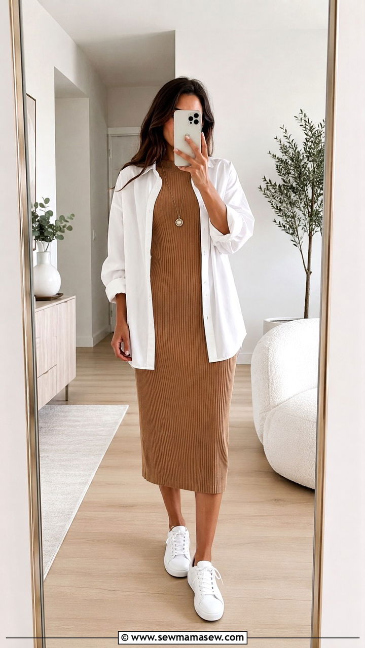 Oversized Shirt Layered Over A Ribbed Knit Dress - 30 Modest outfit ideas with oversized shirt