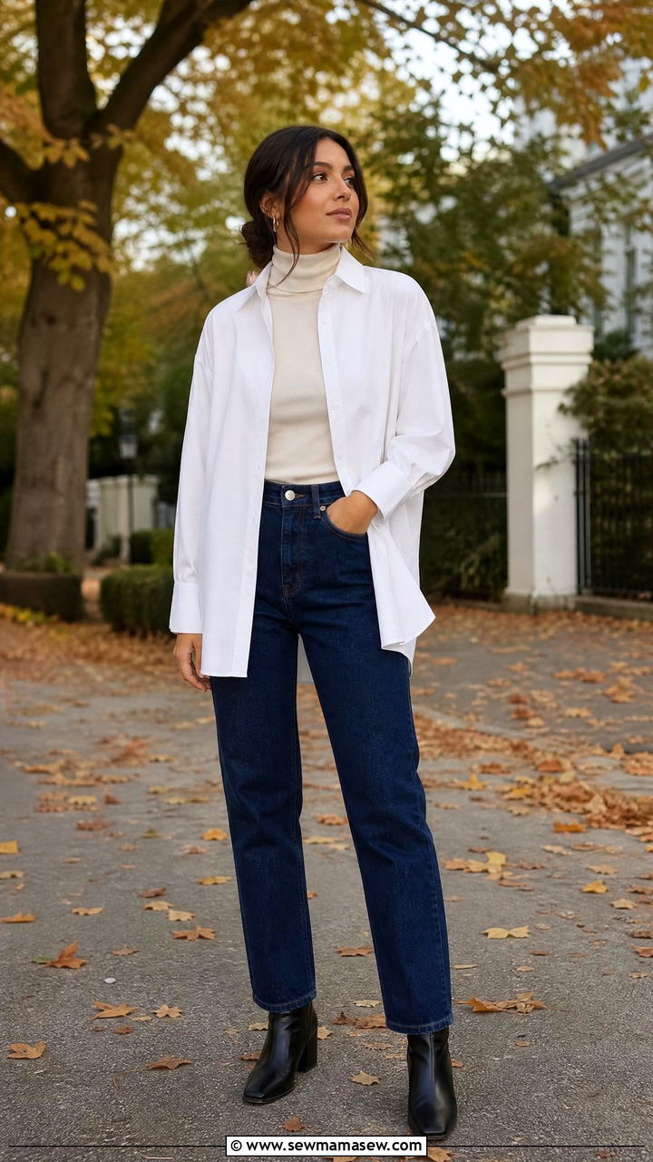 Oversized Shirt Layered Over A Turtleneck - 30 Modest outfit ideas with oversized shirt