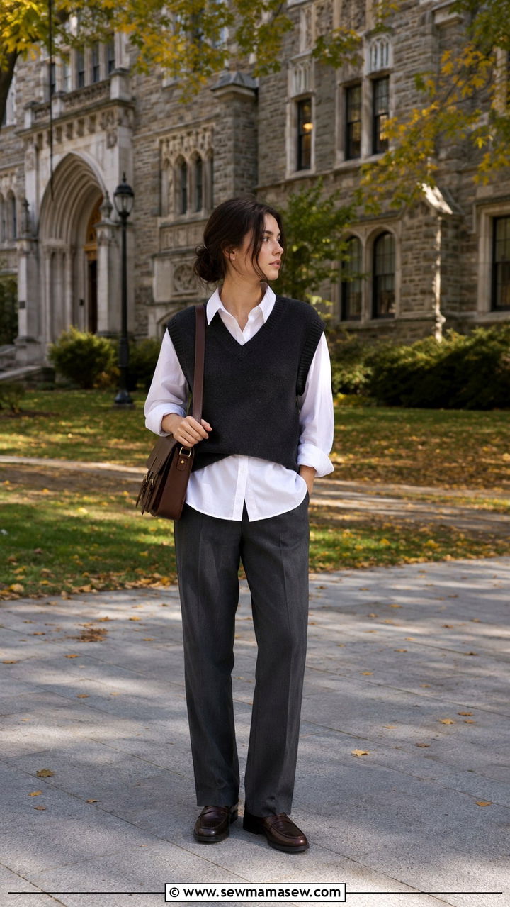 Oversized Shirt With A Knit Vest And Tailored Trousers - 30 Modest outfit ideas with oversized shirt