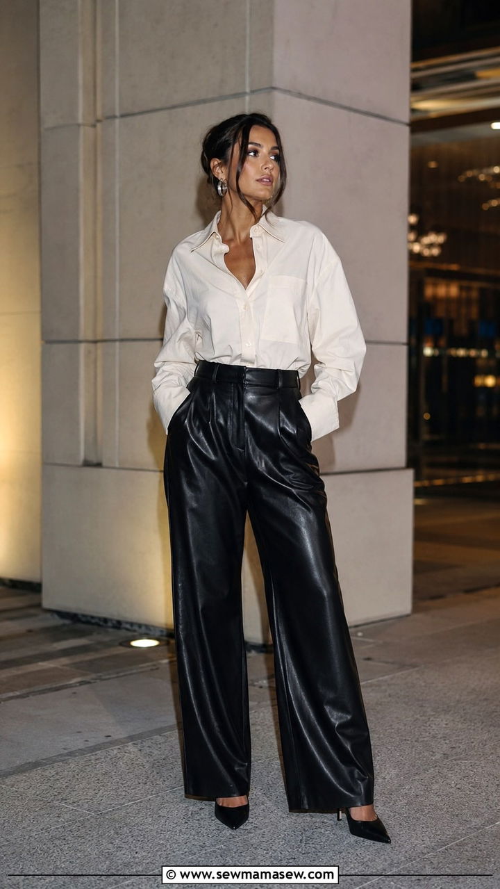 Oversized Shirt With Faux Leather Trousers - 30 Modest outfit ideas with oversized shirt