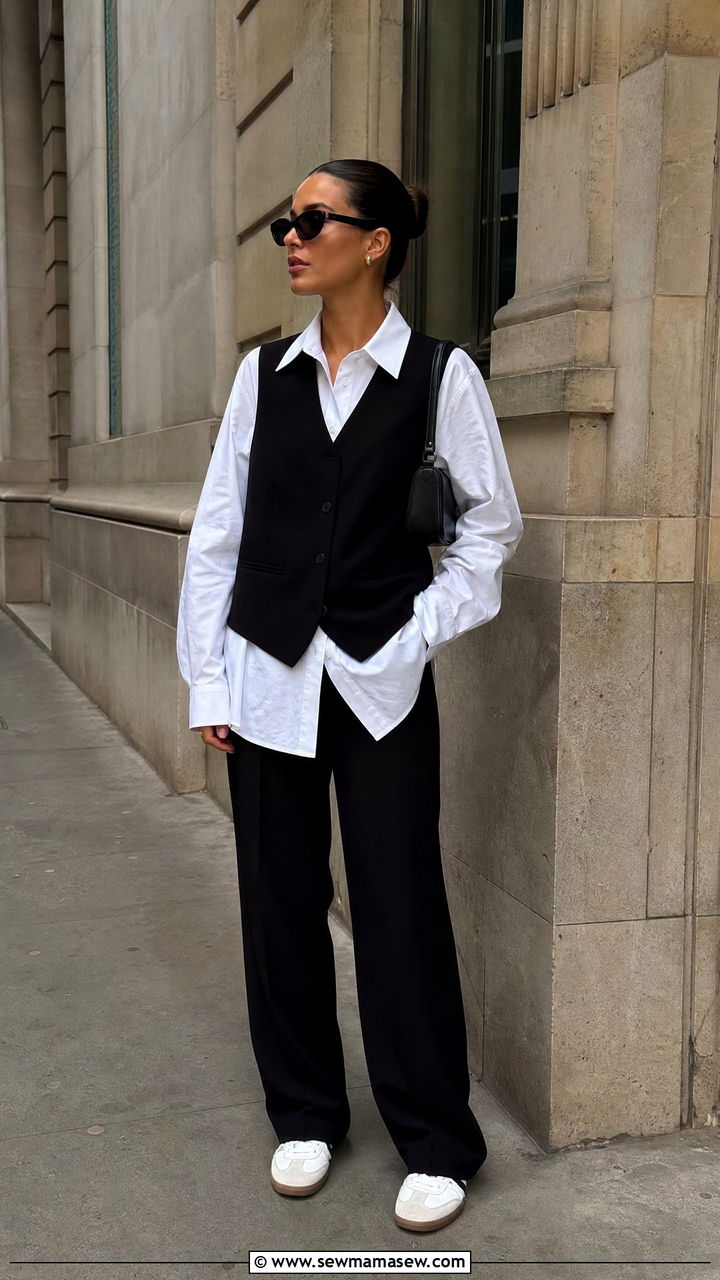 Oversized Shirt With Tailored Vest And Straight Trousers - 30 modest classy outfits for women