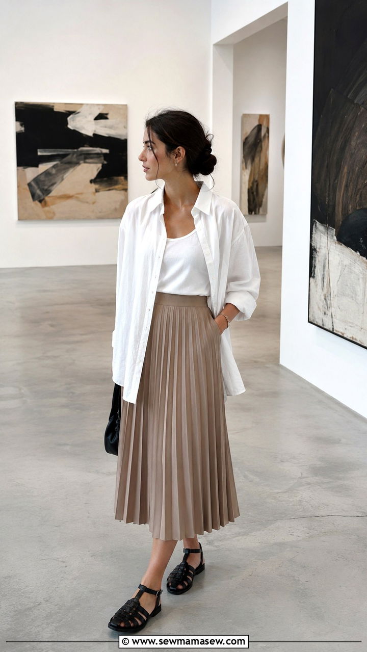 Oversized Shirt and Pleated Midi Skirt with Fisherman Sandals - 30 Pleated skirt outfit ideas for summer