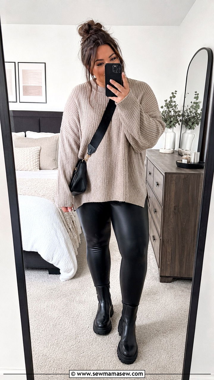 Oversized Sweater And Faux Leather Leggings - 25 Plus size outfit ideas for 18-20