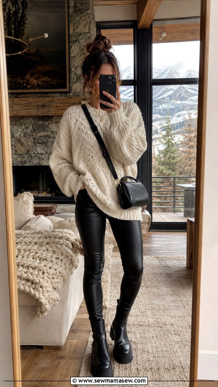 Oversized Sweater And Leather Leggings Travel Uniform - 25 transitional travel outfit ideas
