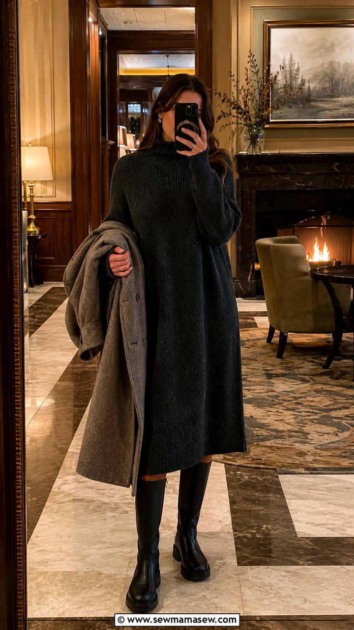 Oversized Sweater Dress With Knee High Waterproof Boots - 30 Rainy day travel outfit ideas