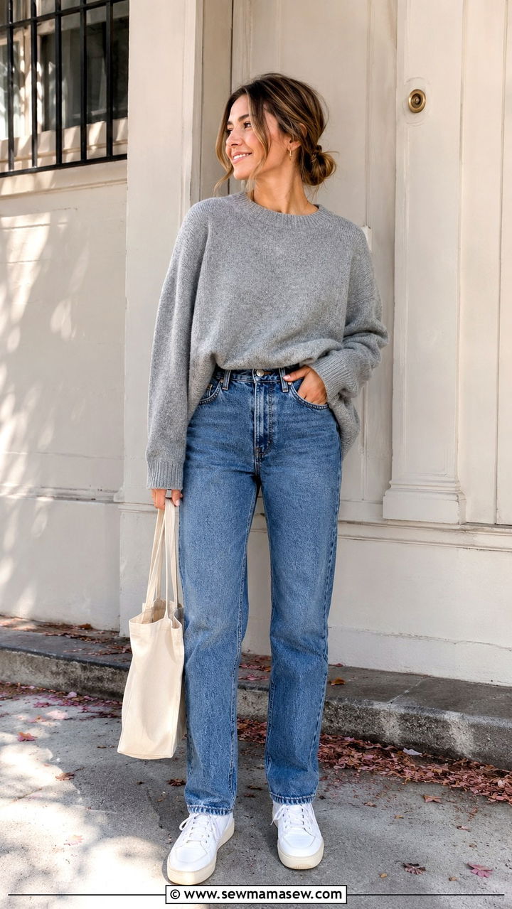 Oversized Sweater Front Tucked Into High Waisted Straight Leg Jeans and Sneakers - 30 High waisted jeans outfit ideas with a sweater