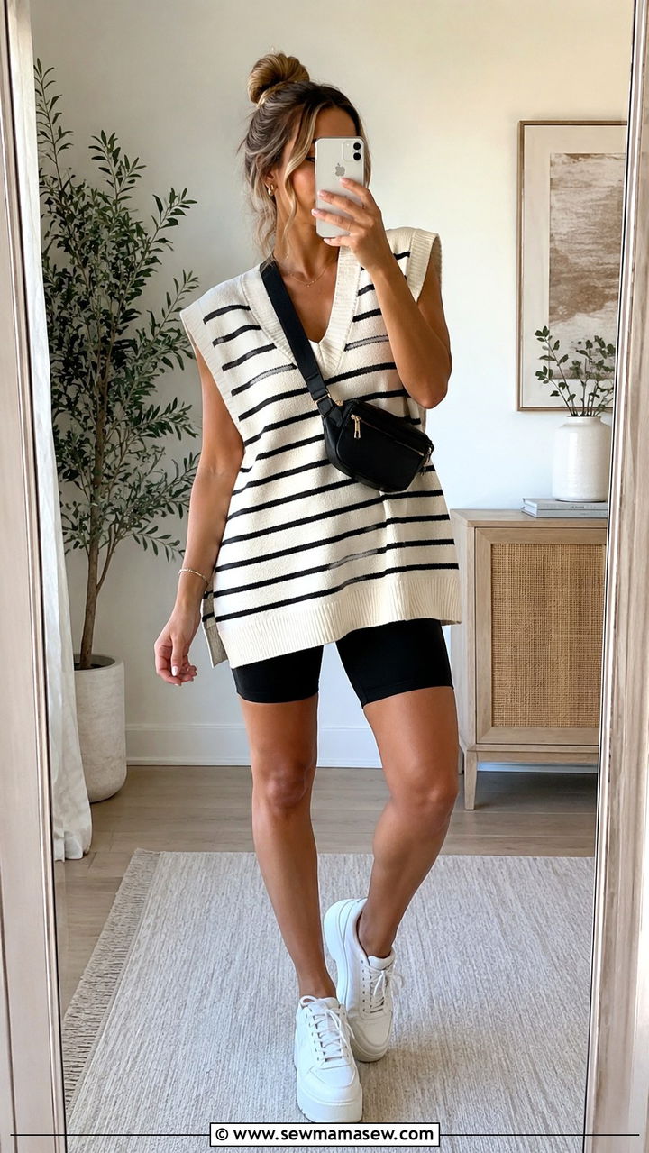 Oversized Sweater Vest With Biker Shorts And Chunky Sneakers - 30 How to style a sweater vest