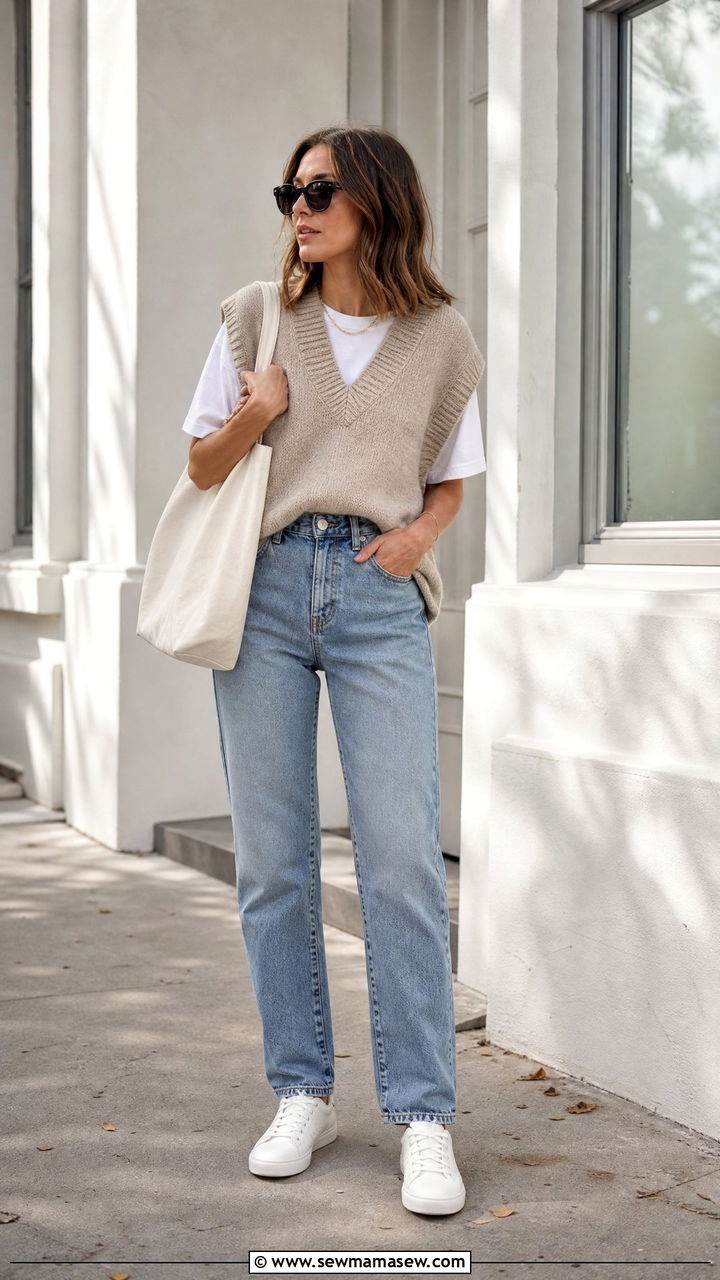 Oversized Sweater Vest With Straight Leg Jeans - 25 Spring outfits with sweater vest