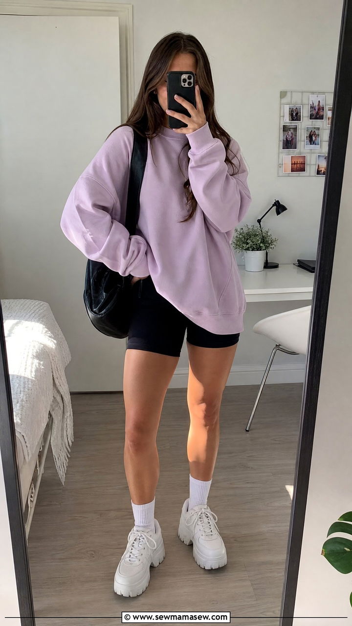Oversized Sweater With Biker Shorts And Chunky Platform Sneakers - 30 school outfits Pinterest