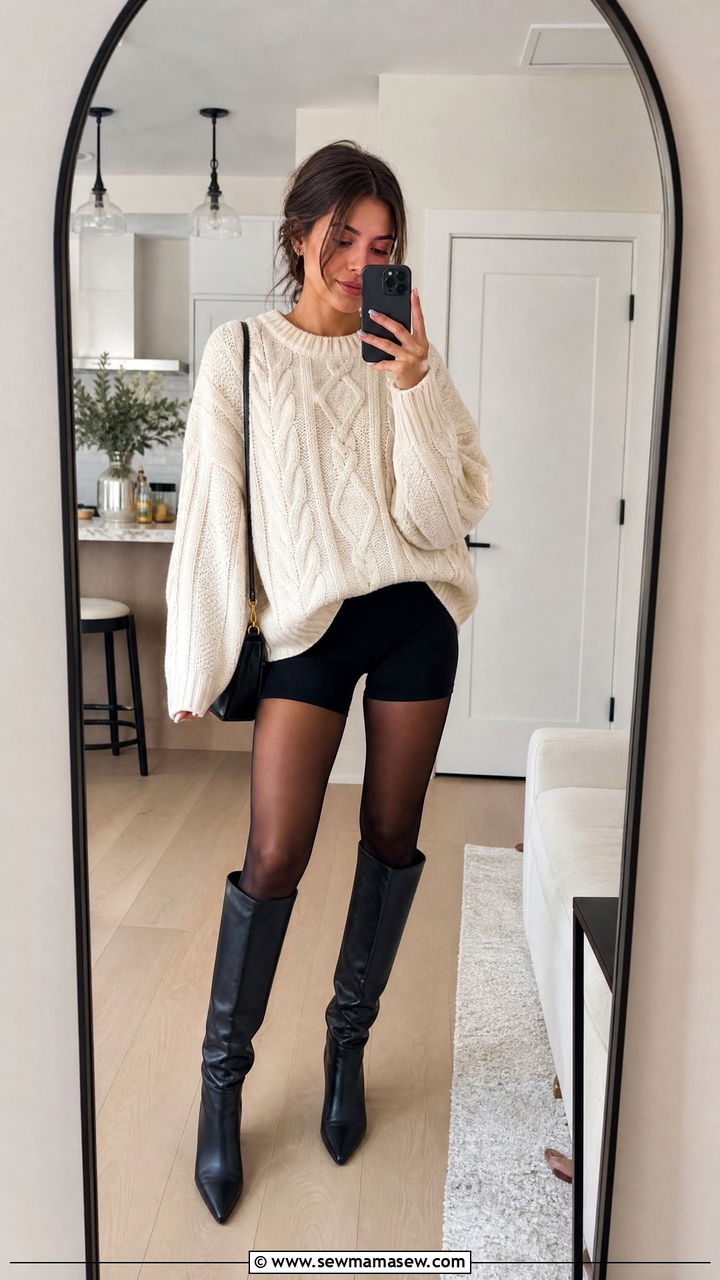 Oversized Sweater With Biker Shorts and Knee High Boots - 25 Chicago outfit ideas