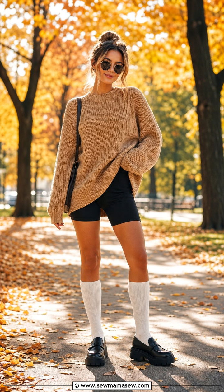 Oversized Sweater With Biker Shorts and Knee High Socks - 35 athleisure outfit ideas for women