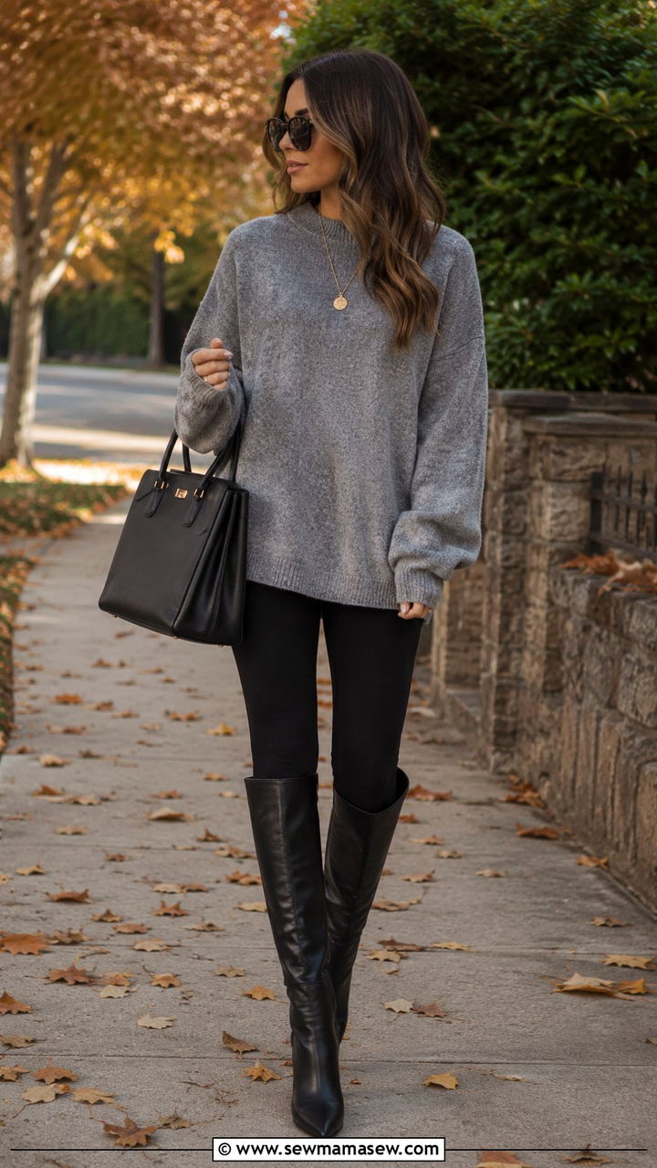Oversized Sweater With Black Leggings And Tall Boots - 30 casual trendy outfits
