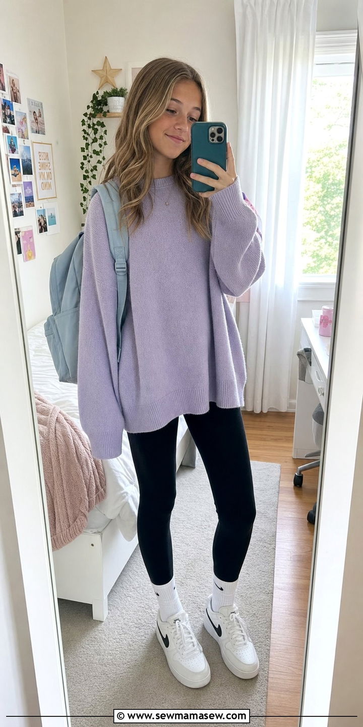 Oversized Sweater With Black Leggings - 35 Back to school outfit ideas 7th grade
