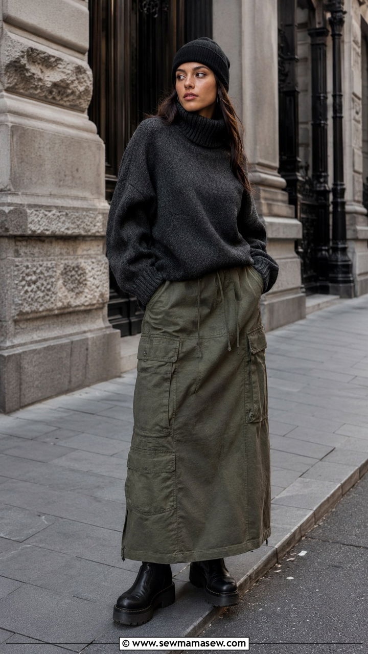 Oversized Sweater With Cargo Maxi Skirt - 30 Oversized sweater with a skirt outfit ideas