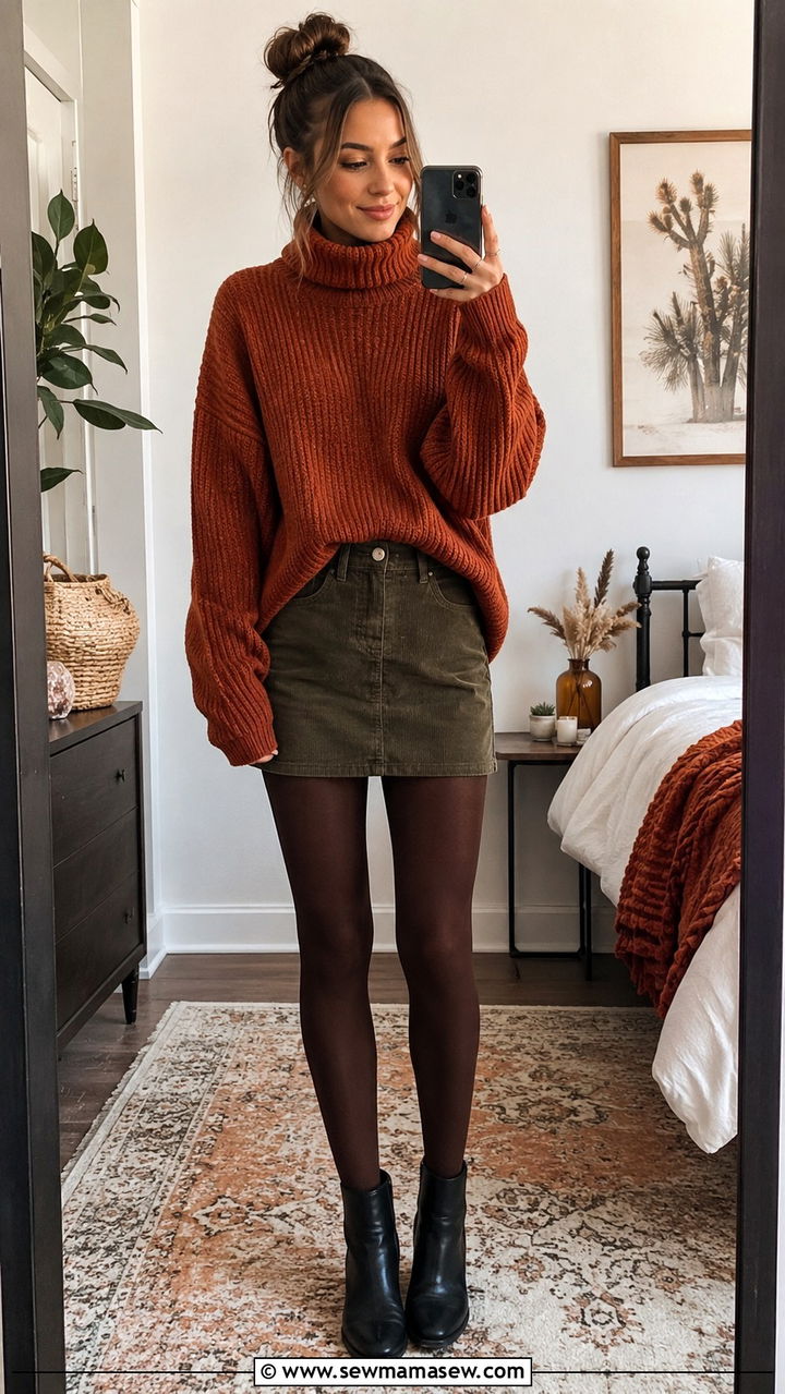 Oversized Sweater With Corduroy Mini Skirt and Tights - 30 Oversized sweater with a skirt outfit ideas