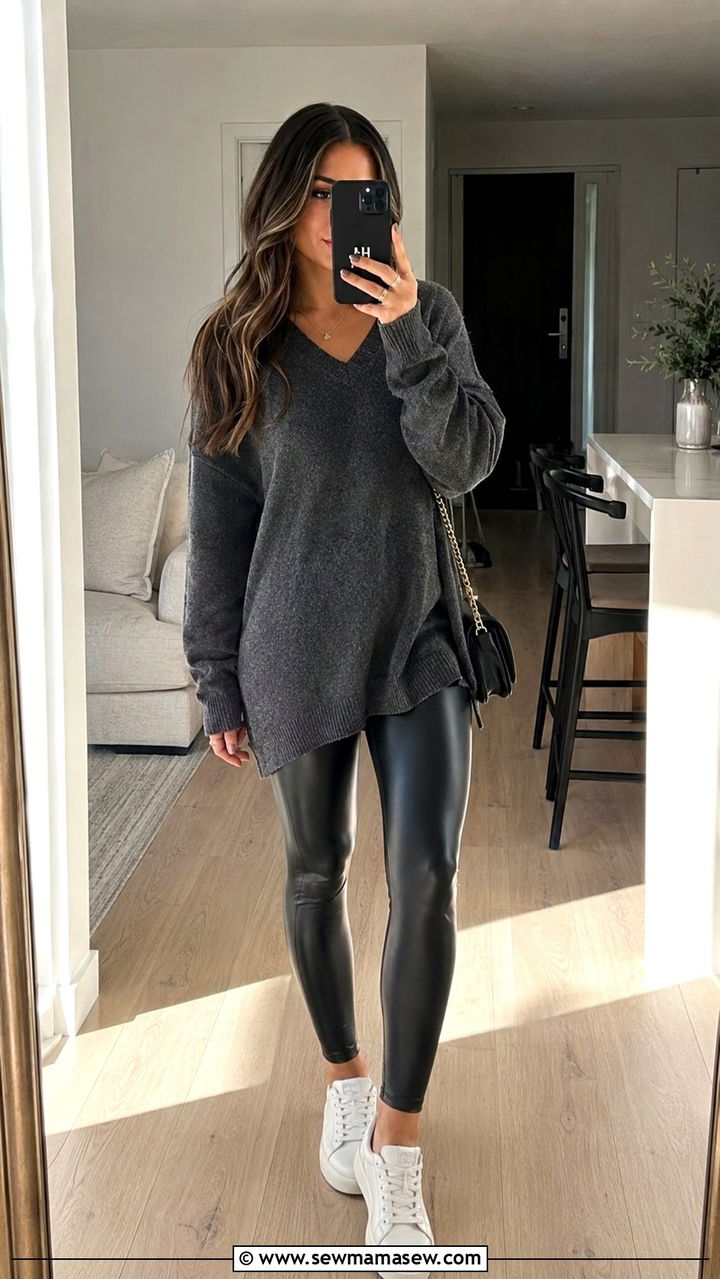 Oversized Sweater With Faux Leather Leggings And Sleek Sneakers - 30 How to style an oversized sweater