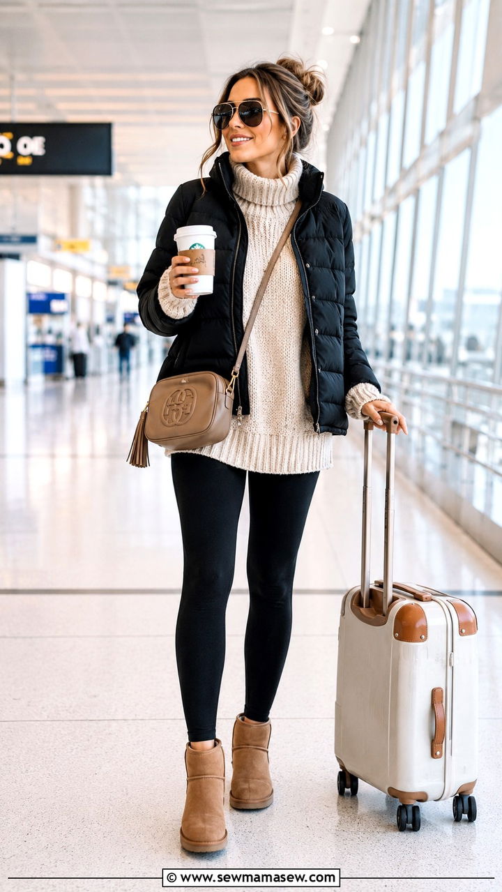Oversized Sweater With Fleece Lined Leggings and Ankle Boots - 25 Airport outfit ideas for cold destination