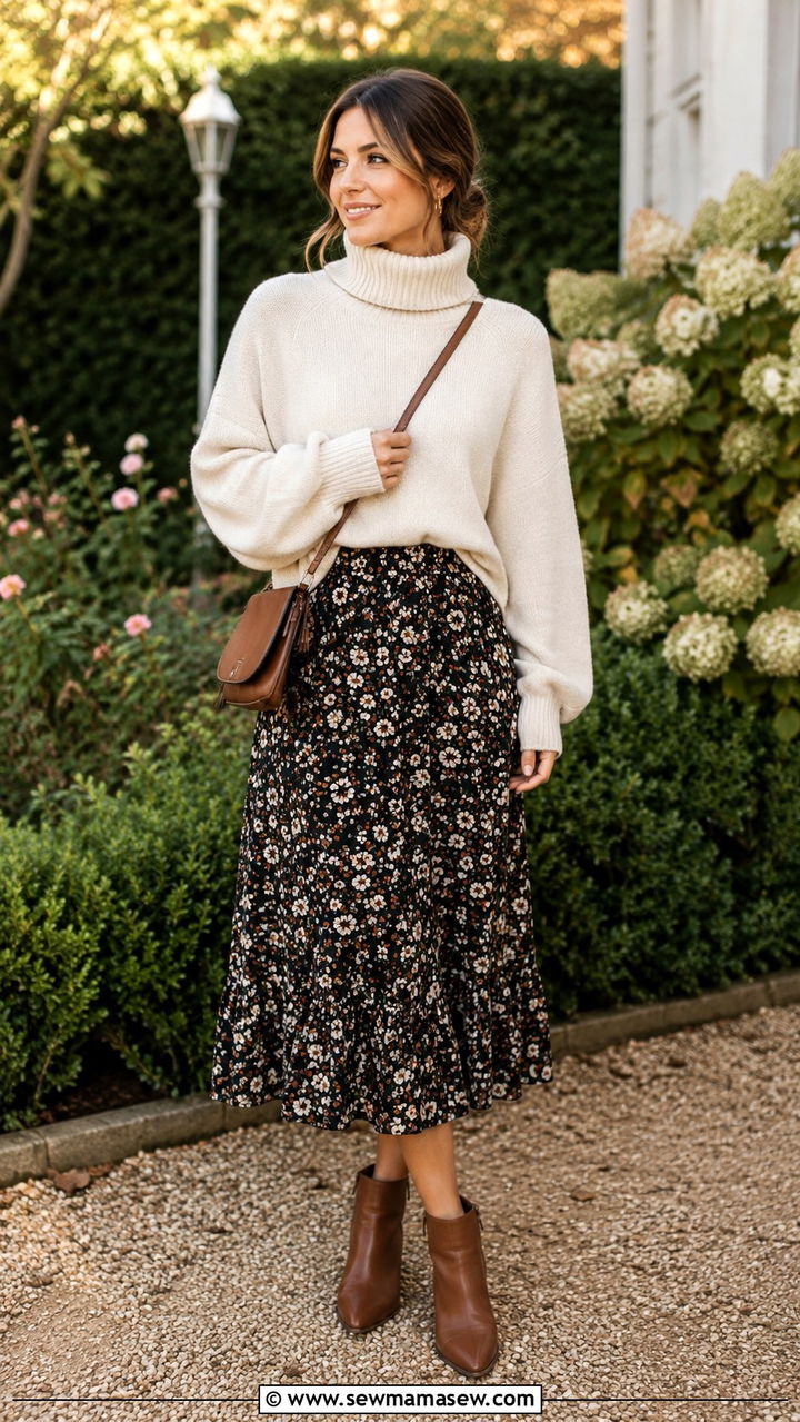 Oversized Sweater With Floral Midi Skirt - 30 Oversized sweater with a skirt outfit ideas