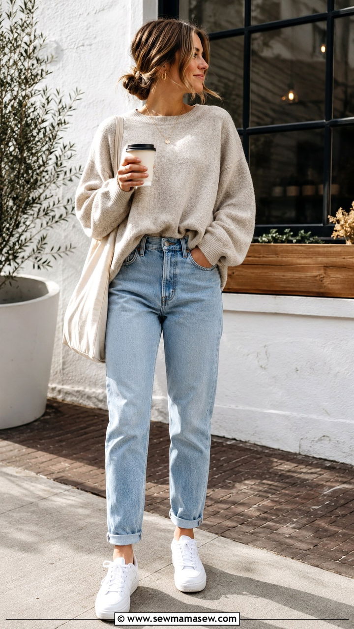 Oversized Sweater With High Waisted Mom Jeans and White Sneakers - 30 High waisted jeans outfit ideas with a sweater