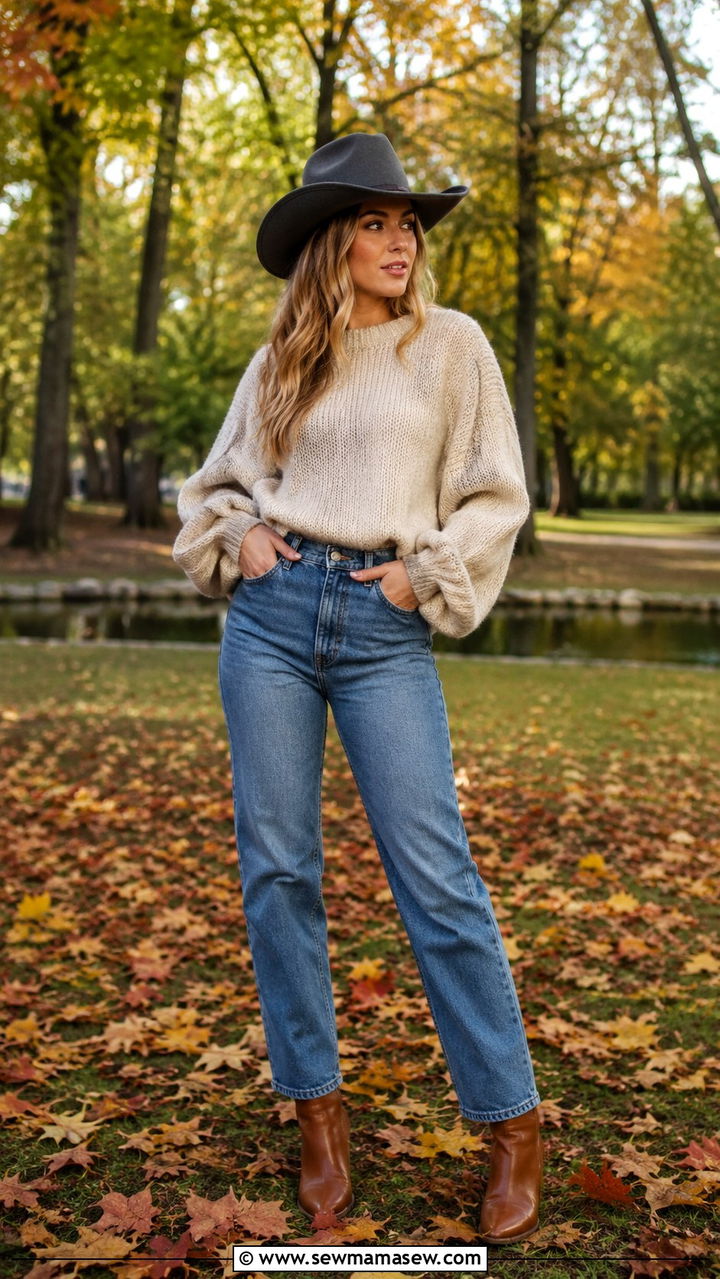 Oversized Sweater With Jeans and Felt Hat - 25 Western outfit ideas with hat