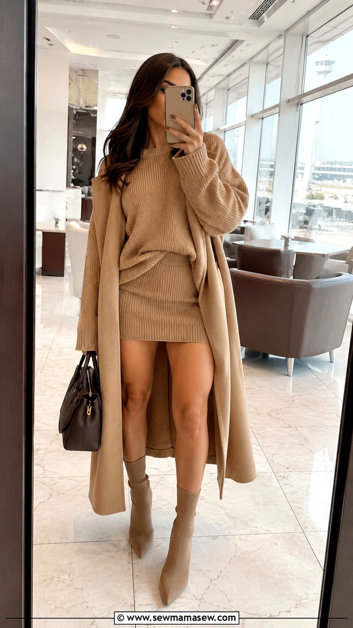 Oversized Sweater With Knit Mini Skirt And Matching Set Look - 30 Mini skirt outfit ideas with a sweater