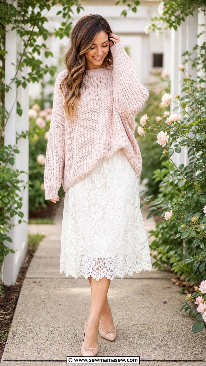 Oversized Sweater With Lace Midi Skirt - 30 Oversized sweater with a skirt outfit ideas